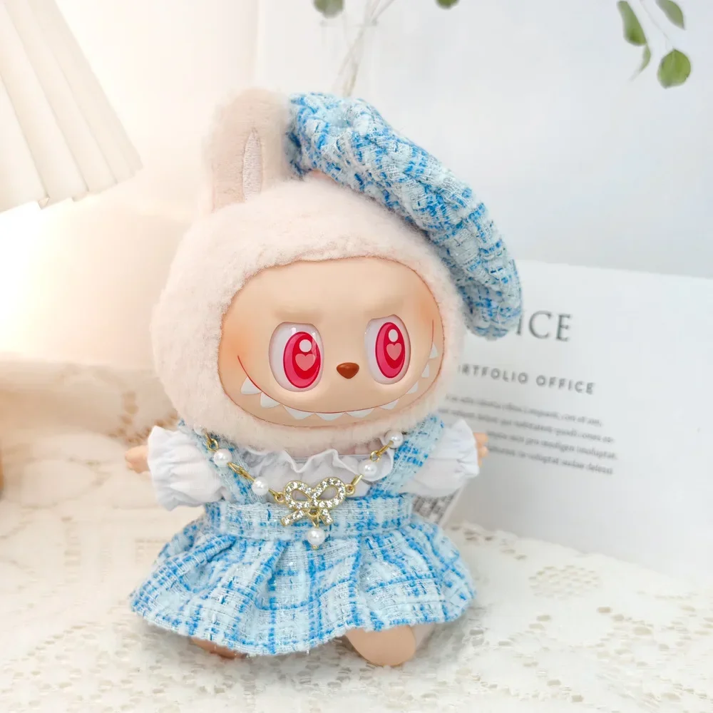 Mini Doll'S Clothes Outfit For 15-17cm Labubu V1 V2 Classic Grid style Dress Cloak Set With Pearl Element Beret Clothing