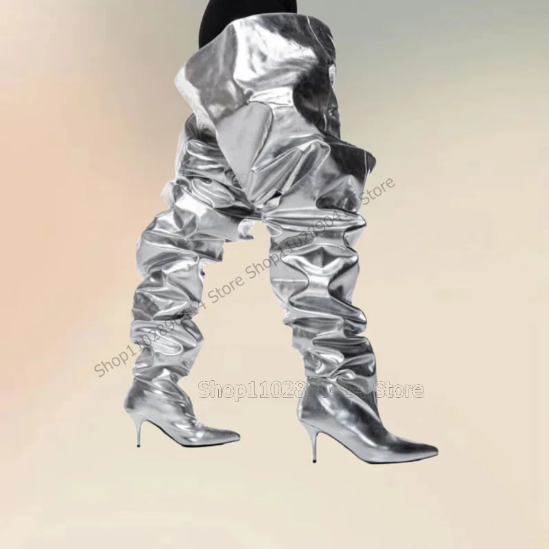 

Silver Pleated Design Large Cuff Pointed Toe Boots Slip On Women Shoes Thin High Heels Fashion Banquet 2025 Zapatos Para Mujere