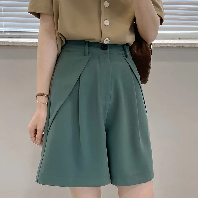 

Girls Blue Office Wear Casual Suit Shorts Women Summer Loose High Waist Wide Leg Shorts Straight Cute Ladies Outfits Size S-L