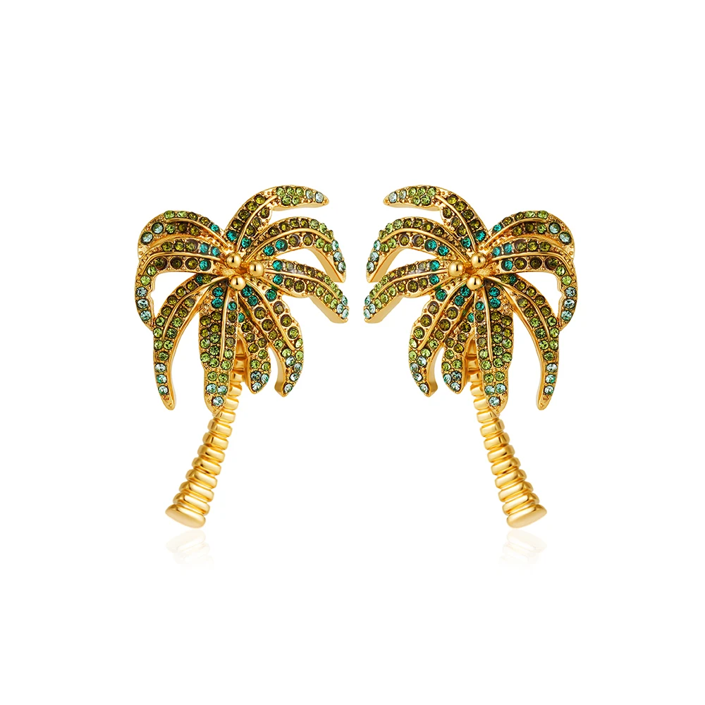 

Exquisite Multi-color CZ Zircon Ribbed Coconut Tree Dangle Earrings 18K Gold Plated Premium Stainless Steel Green Plant Studs