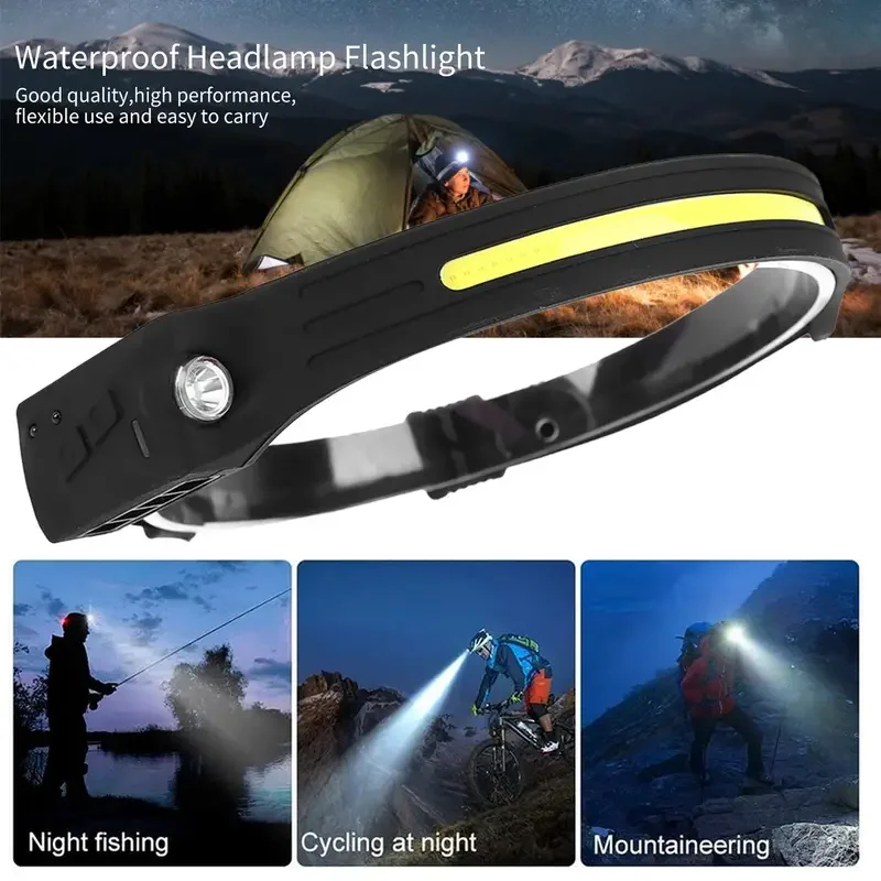 1pc Headlamp Waterproof COB & XPE LED Wave Induction Flashlight For Outdoor Hiking Fishing Camping