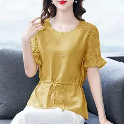 Fashion Spliced Hollow Out Lace Up Bow Blouse Women's Clothing 2023 Spring New Oversized Casual Tops All-match Office Lady Shirt