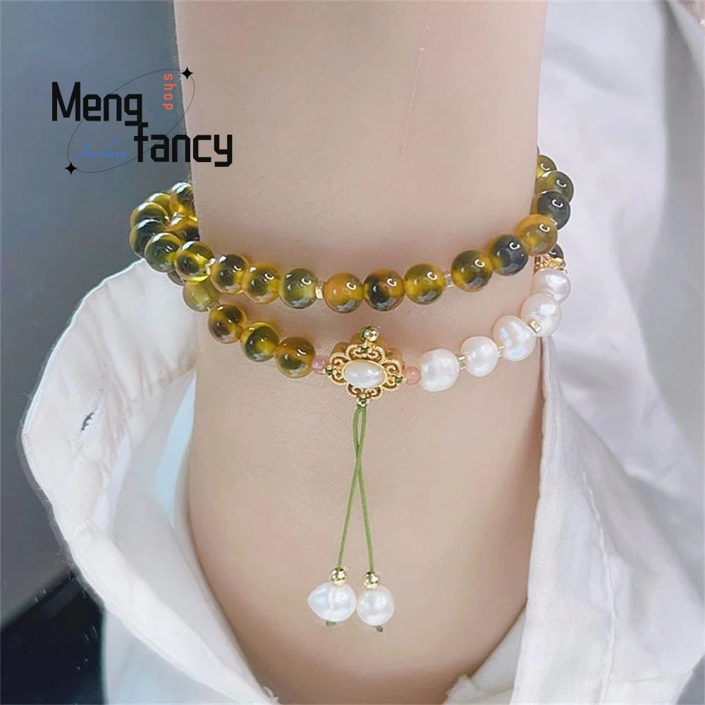 Gelang rantai hati batu akik, rantai tangan Retro sederhana lingkaran ganda manis mutiara alami banyak lingkaran gaya kuno untuk wanita