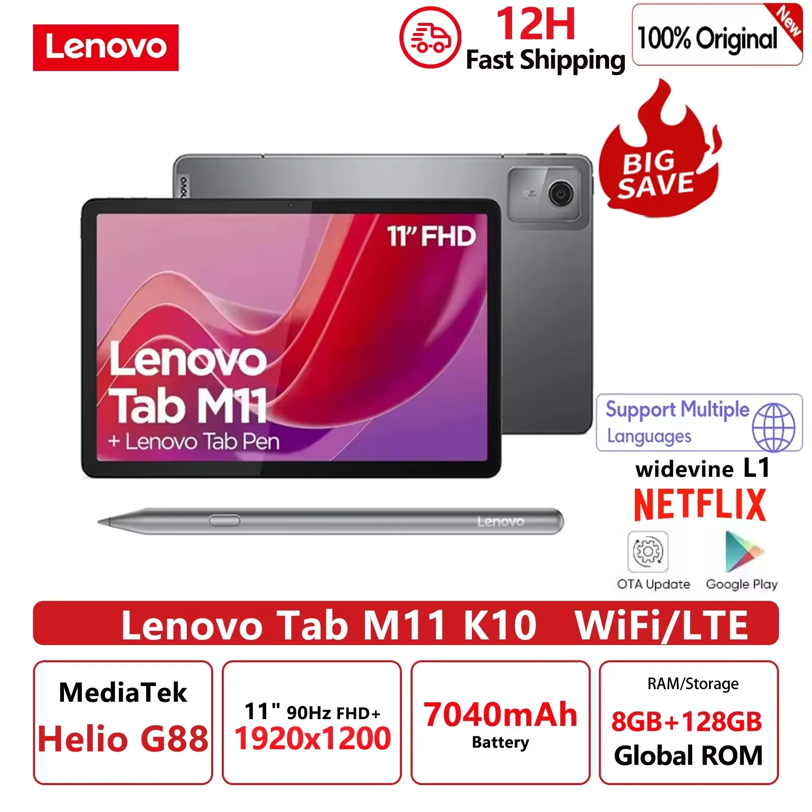 ROM Global Lenovo Tab M11 k10 11 "90Hz pantalla Android 13 L1 MediaTek Helio G88 8GB/128GB 7040mAh batería 4G LTE Tablet 2025