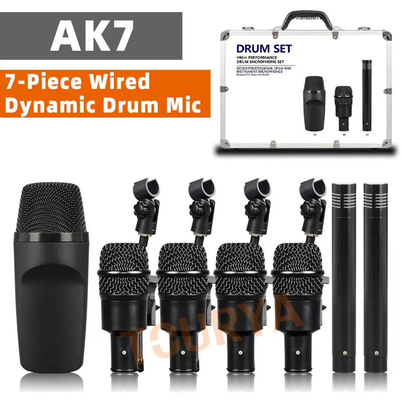 AK7 dynamic kick drum microphone connection bass, Tom/trap and capacitor microphone cymbals live recording microphones