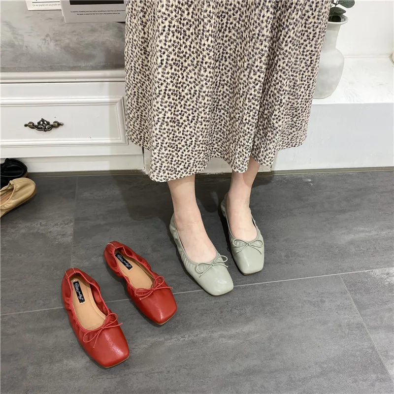 Shoes Woman Flats Bow-Knot Shallow Mouth Square Toe Casual Female Sneakers Modis Dress Summer Butterfly Moccasin 2025 New Lace-U