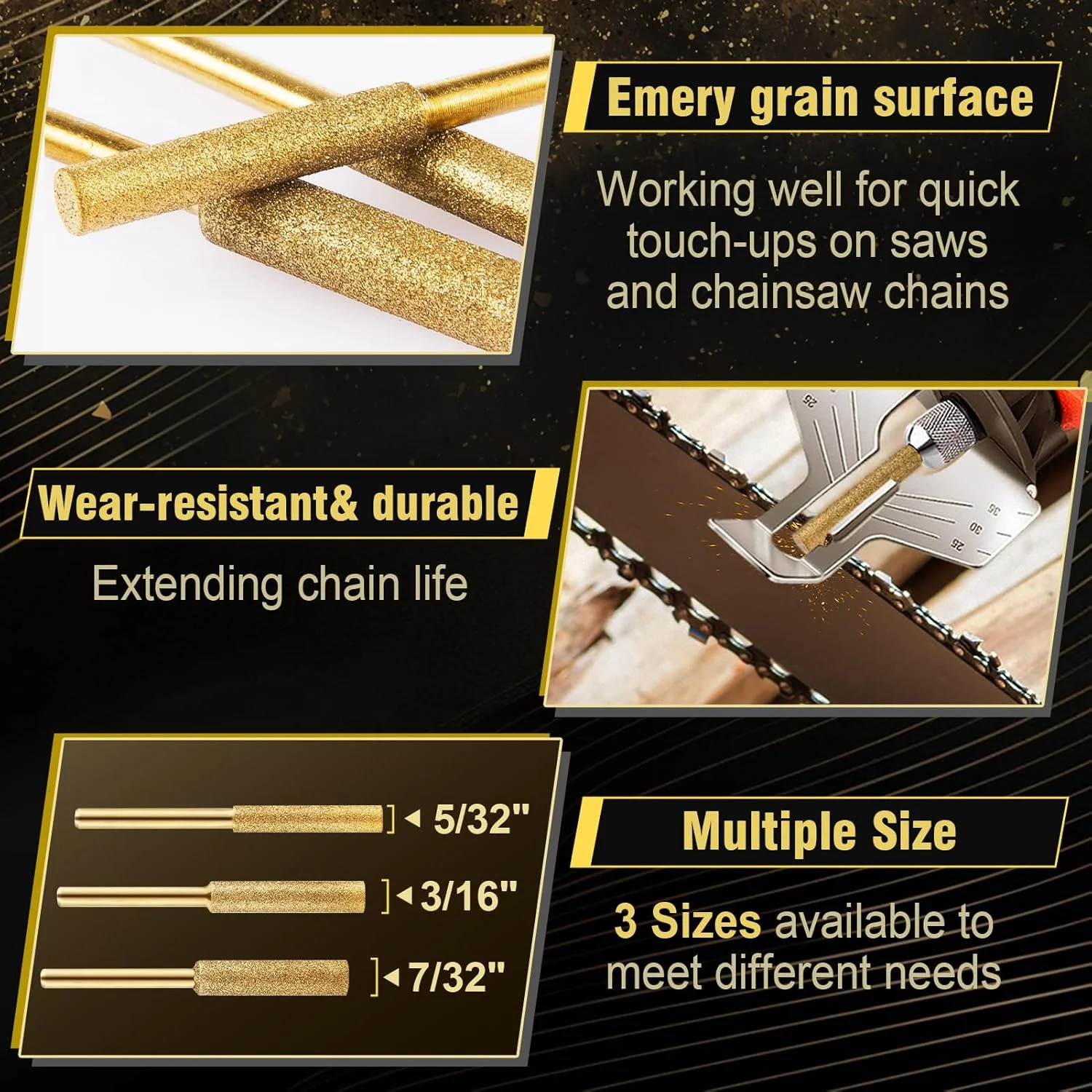 18pcs High Hardness Titanium Plated Chainsaw Sharpener Bits for Chain, Including 5/32''x 6, 3/16''x 6, 7/32''x 6pcs