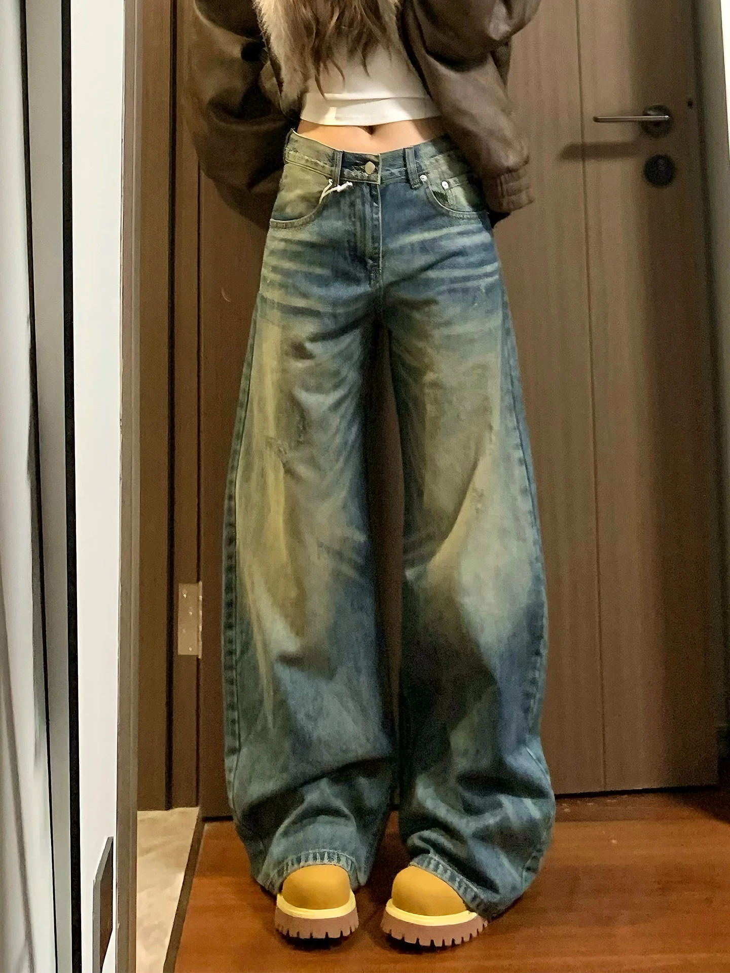 

Джинсы Milione в американском ретро-стиле, выцветшие, широкие, свободные, драпированные, в пол, из хлопка, с застежкой на пуговицах на талии