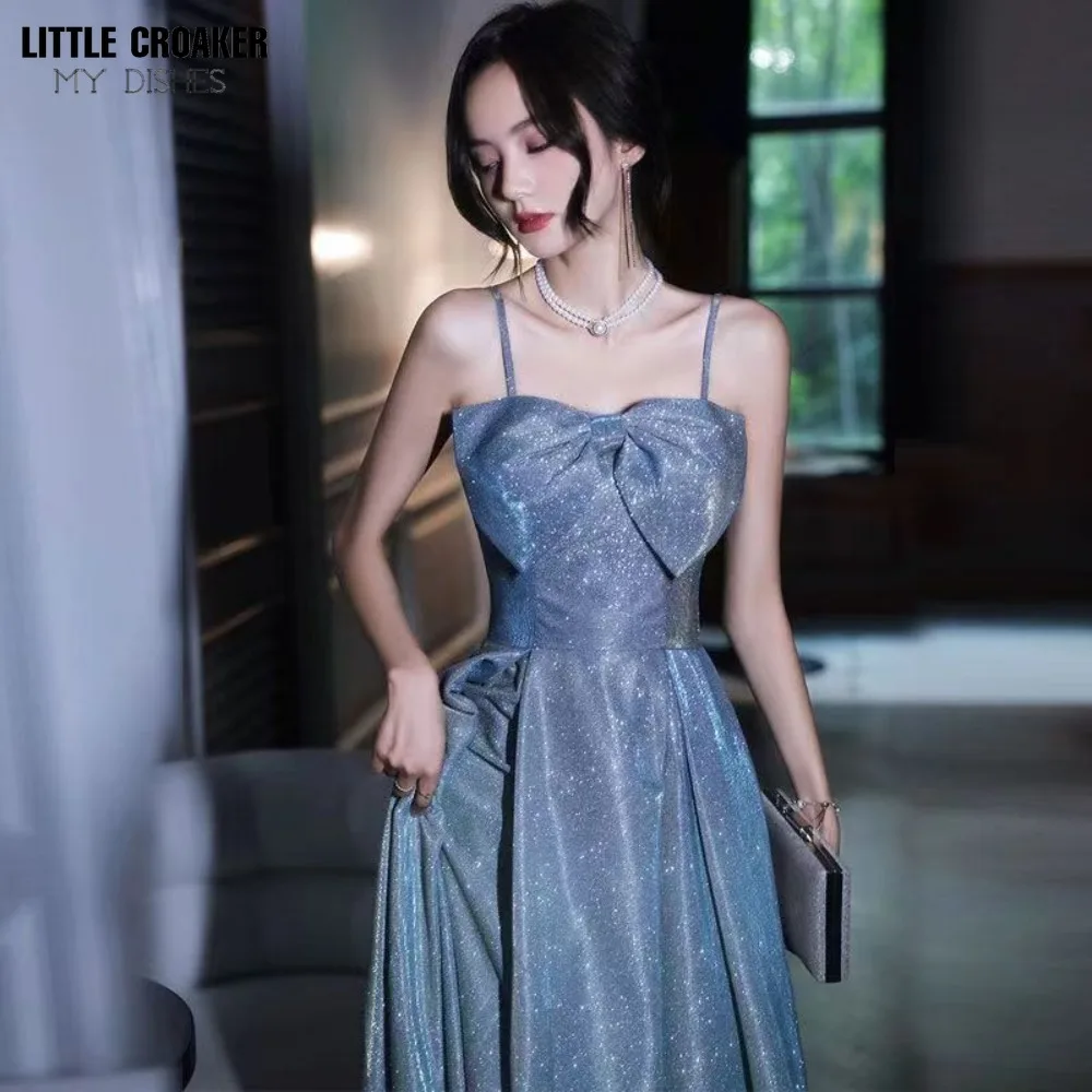 Spaghetti Strap Front Bow Glitter Evening Dresses Woman Elegant Blue Gown 2024 Long Prom Dress