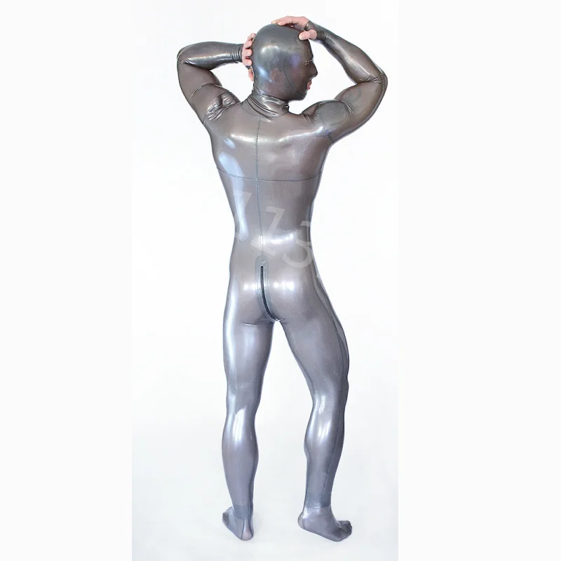 Sexy Silver Men\'s Latex Full Body Catsuit Hood Gloves Socks Open Mesh Eyes with Crotch Zipper Latex Bodysuit Neck Entry