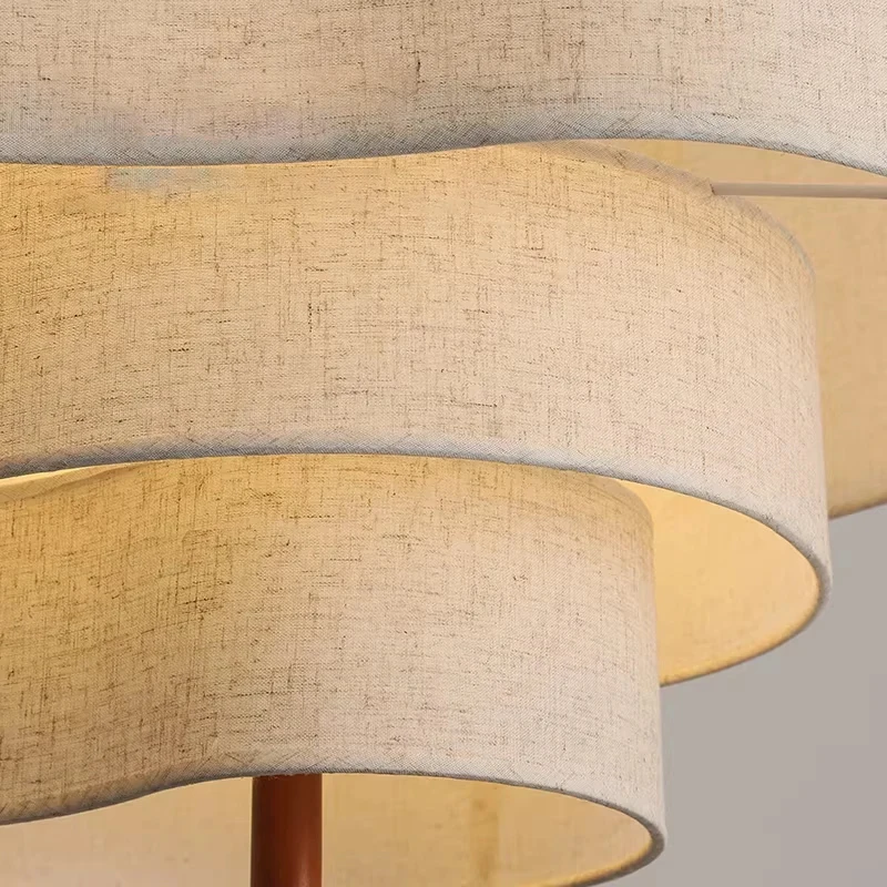French Cream 3-Tier Wavy Linen Pendant Light Multi-Layer Fabric Shade Hanging Lamp Walnut Decor