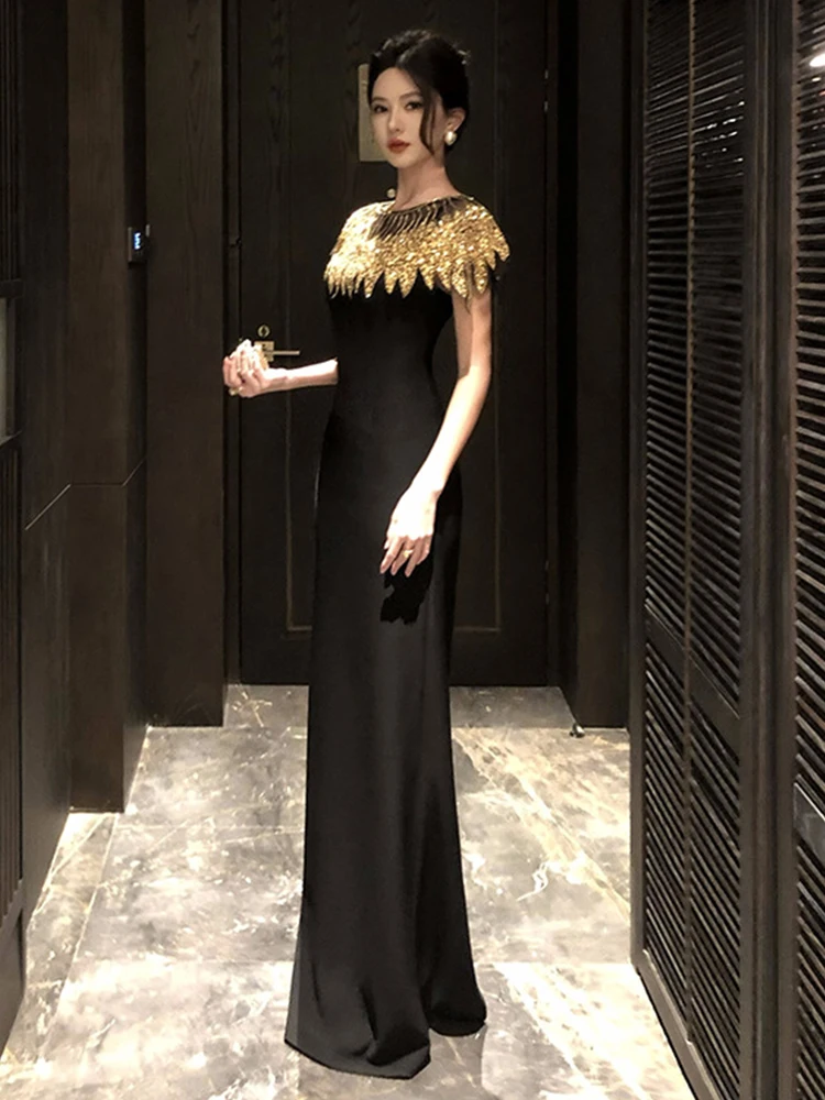เสื้อผ้าผู้หญิงหรูหราชุดราตรีหรูหรา Retro เซ็กซี่ Sheer Sequins Shawl สลิงยาว Robe หญิง Party Club Prom Vestidos Mujer