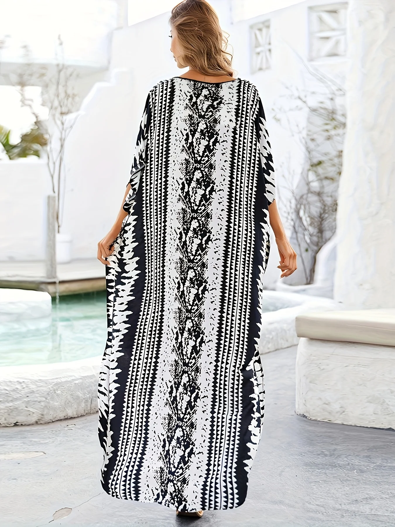 Odoodem Grafische Print V-Hals Split Kaftan Batwing Mouw Losse Maxi Cover Up Jurk Dameskleding