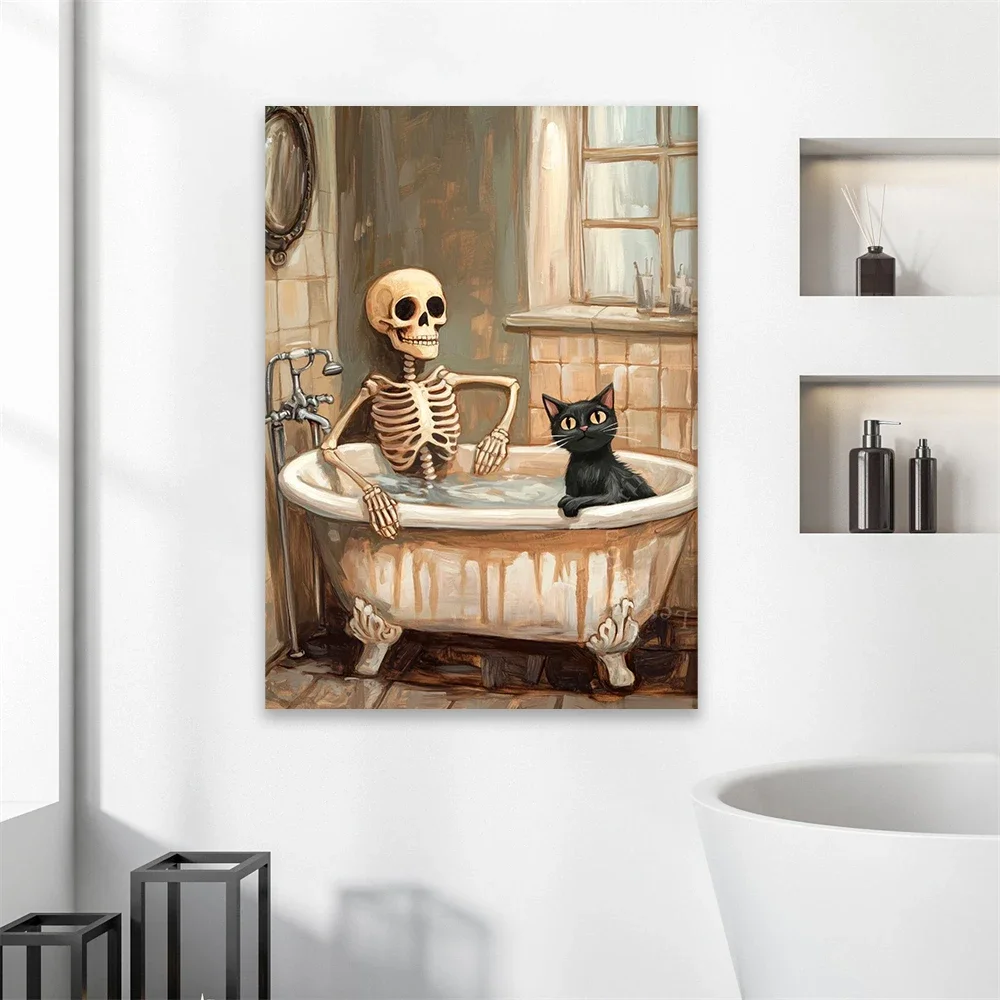 1pc frameless Canvas Painting Skeleton & Cat In Bathtub Print Poster Halloween Wall Art Black Cat Print Funny Bathroom Wall Art