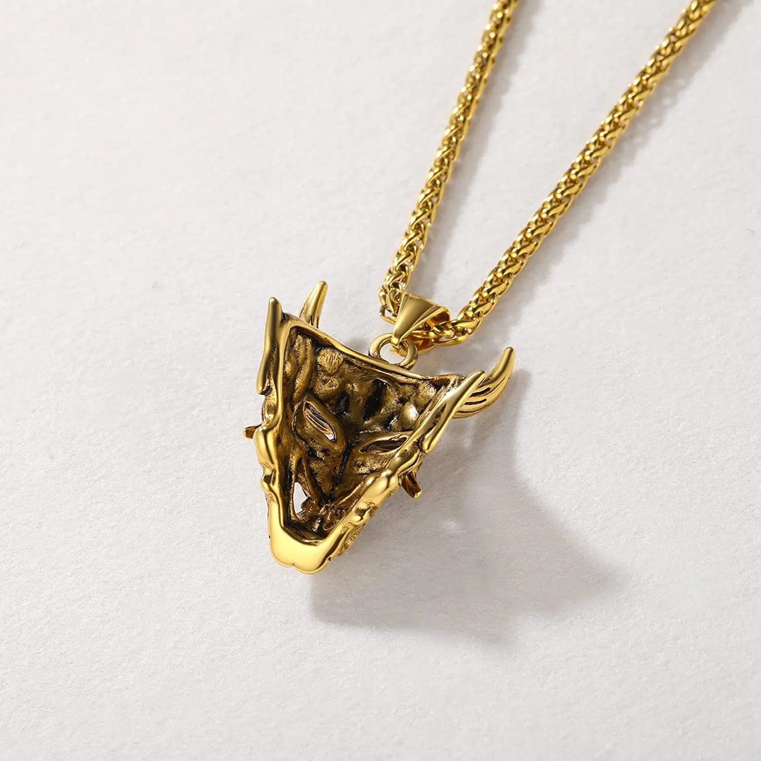 U7 Stainless Steel Evil Demon Horn Hannya Mask Necklace Gold Color Vintage Black  Pendant 22\