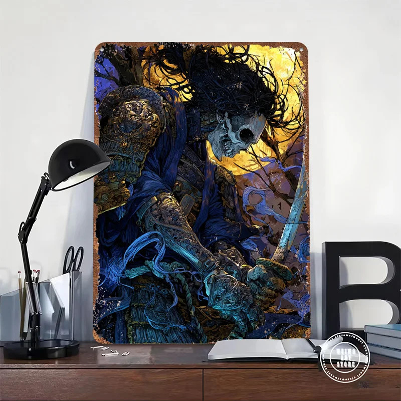 Undead Samurai Warrior With Sword Poster Retro 3D Printed Metal Signs Customized Wall Hanging Gift for Desk Decor Room Wand Deko
