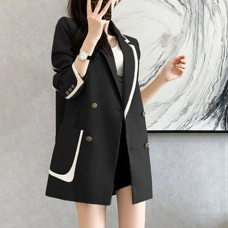 Women Korean Fashion Notched Contrast Color Street Chic Oversized Blazers Jacket Spring Autumn Casual Long Sleeve Outerwear Tops