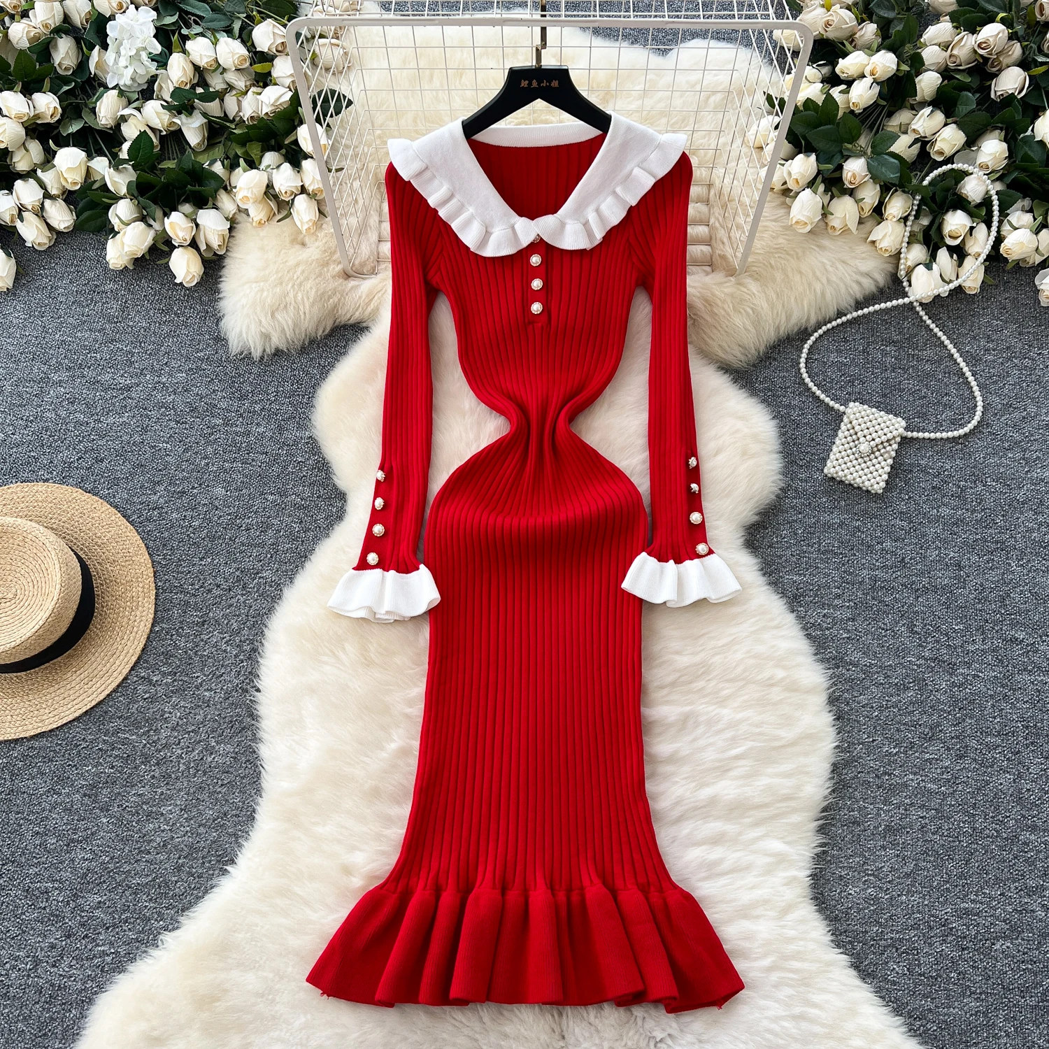 Patchwork Preppy Style Mermaid Sweater Long Dress Hotsweet Autumn Dress Women Peter Pan Collar Long Sleeves
