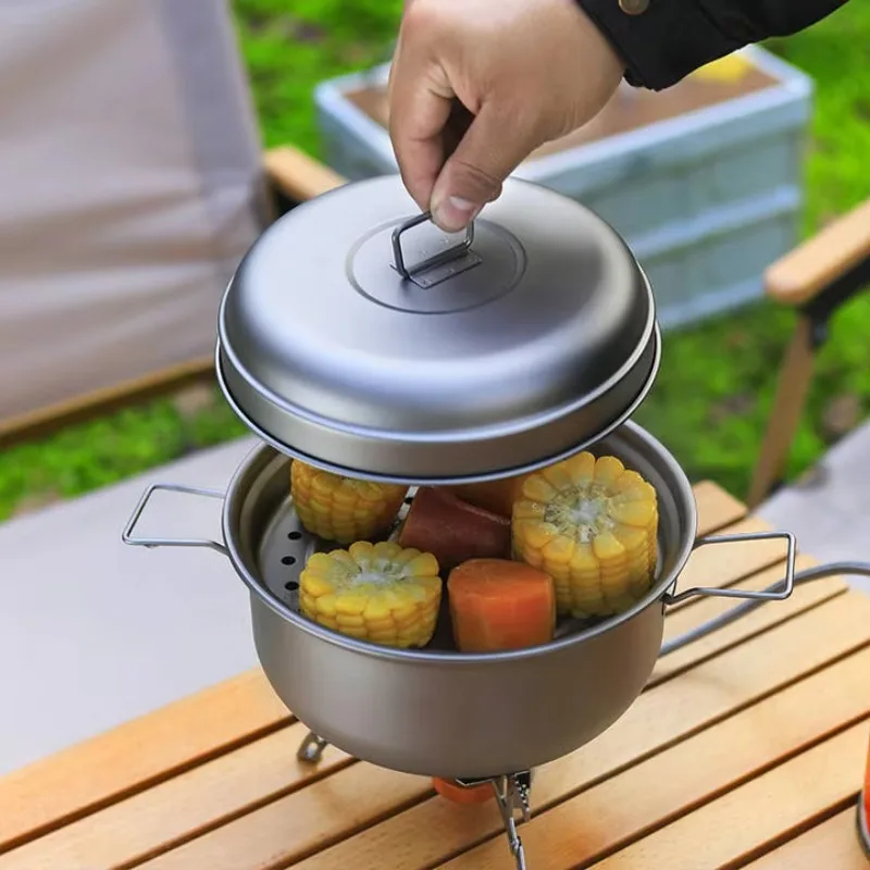 2100ml Outdoor Camping Titanium Alloy Cookware Set Portable Soup Pot Steamer Picnic Induction Cooker Compatible Mesh Bag