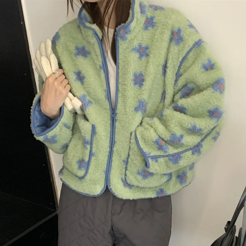 الكورية Sle Thiened الدافئة المرأة Jaet فرو الضأن إدراج القطن زهرة التطريز ملابس خارجية لفصل الشتاء عادية الشارع Sle