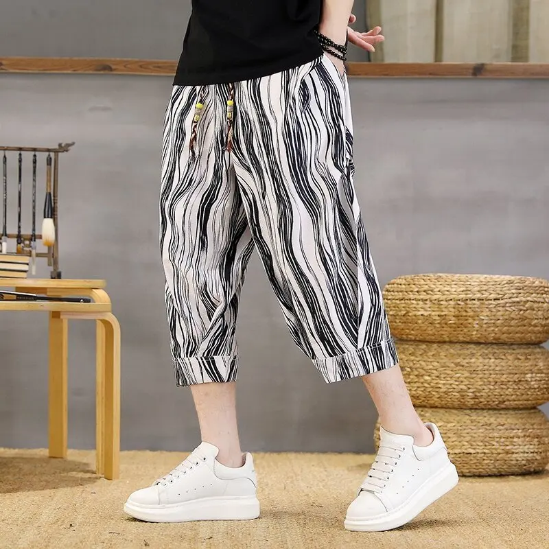 

Модные мужские повседневные брюки в полоску 2026 года, летние молодежные дышащие брюки до икр в уличном стиле, эластичные джоггеры для активного отдыха