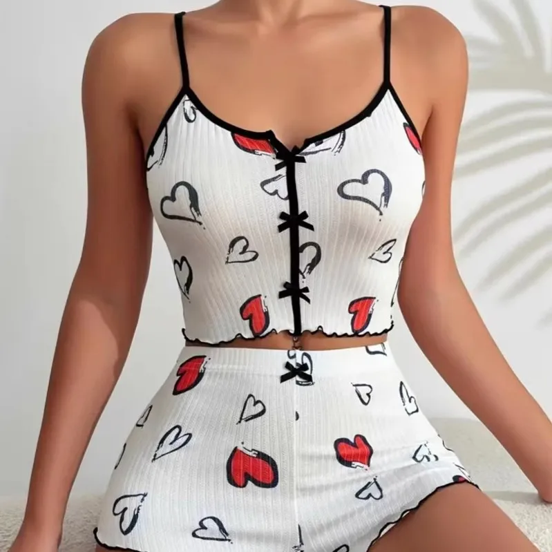 

Пижамный комплект с принтом в виде сердечек, шорты с высокой талией, тонкая ткань, цветные блоки, домашняя одежда, ночная рубашка с разрезом спереди и бретелями
