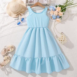 Baby Blue color Sleeveless Round Collar A-line Dress Korean Style Tween Girls Summer Daily Leisure Clothes Play Vacation Dress