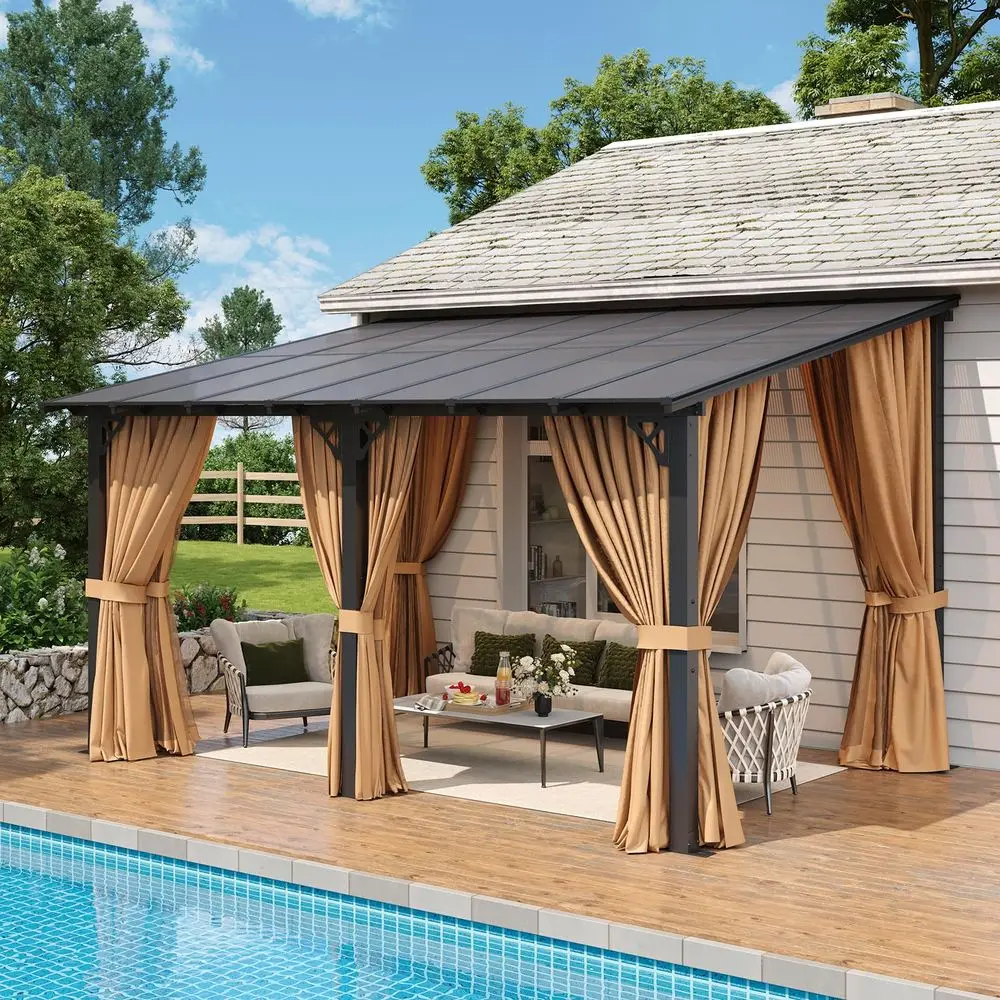 

10x14 Lean to Gazebo with Mosquito Net and Curtains, Aluminum Frame, Polycarbonate Panel, Wall Mounted Pergola with Sloped Roof