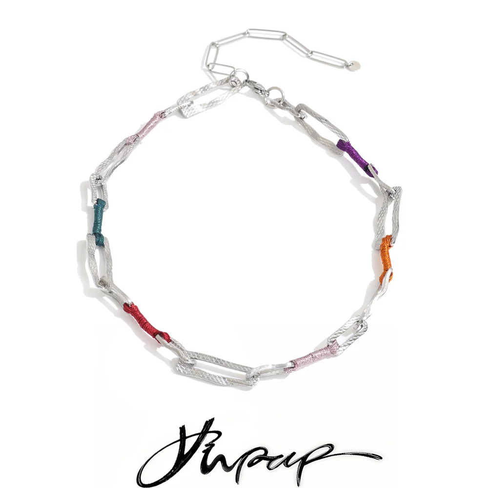 Yhpup Stainless Steel Colorful Polyester Rope Chain Handmade Necklace Stain Less Metal Distinctive Fashion Jewelry