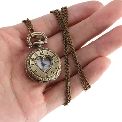 Vintage Pocket Watch Bronze Color Quartz Watch Cool Chain Hollow Love Heart Watches Necklace Pendant Gifts For Women Man