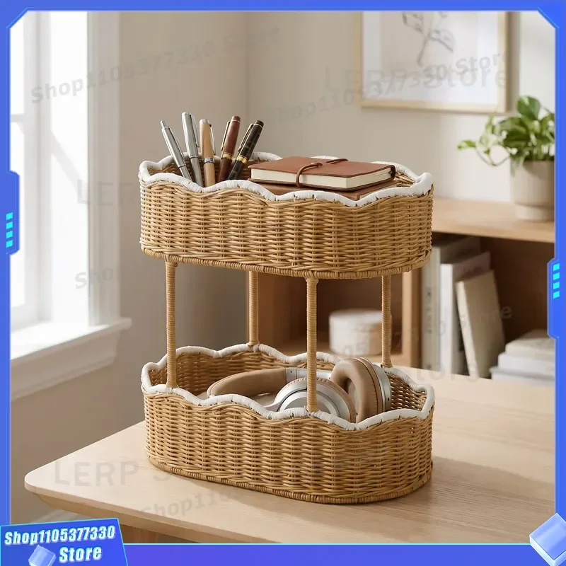 Nordic Double Layer Imitation Rattan Storage Basket For Living Room Fruit Nut Desktop Organizer Home Daily Use Rack Imitation