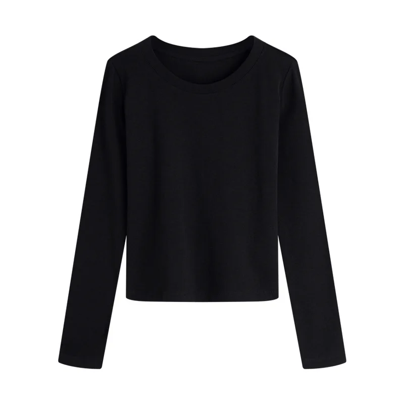 Round Neck Shoulder Long Sleeved T-shirt for Women in Spring and Autumn Slim Fit Short Style Slimming Effect Inner Top Base