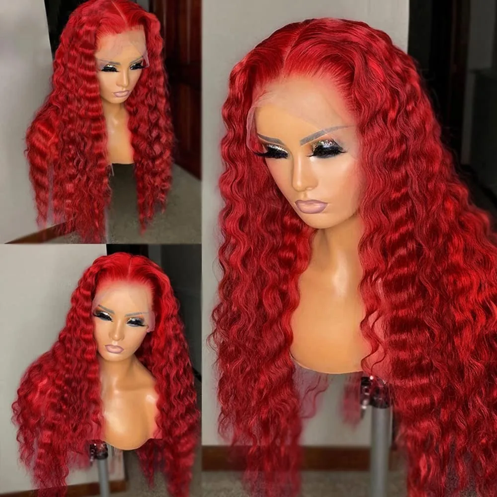 200% Density Red 13x4 Lace Frontal Human Hair Wig Pre Plucked 30 40 Inch 13x6 Deep Wave Hd Transparent Lace Front Wigs For Women image 4