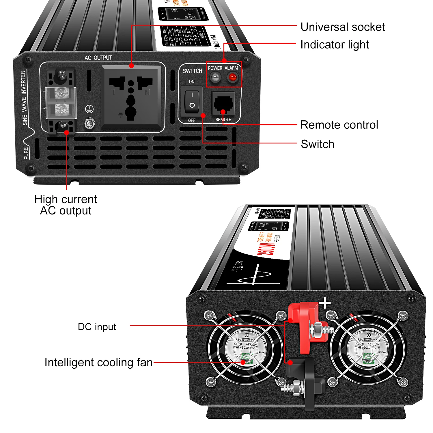 Inverter a onda sinusoidale pura da 2500 W 12V 24V 48V 60v 72v 96vdc a 110v 120v 230v 240vac energia solare off grid con interruttore remoto