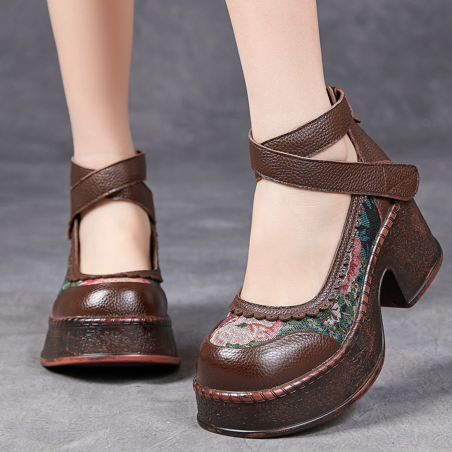 

GKTINOO Women Platform Shoes Thick Heels Luxury Hook&Loop Genuine Leather Square Toe Deep Mouth Ladies Shoes Pumps