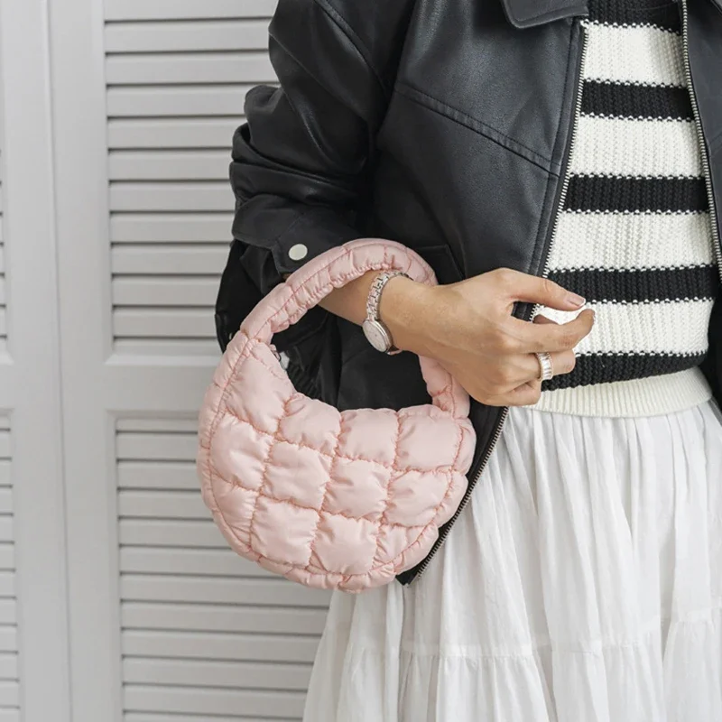Fashion Mini Puffer Tote Bag Quilted Circle Phone Purse Elegant Purple Soft Nylon Padded Key Pouch Simple Trend Handbag - view 3