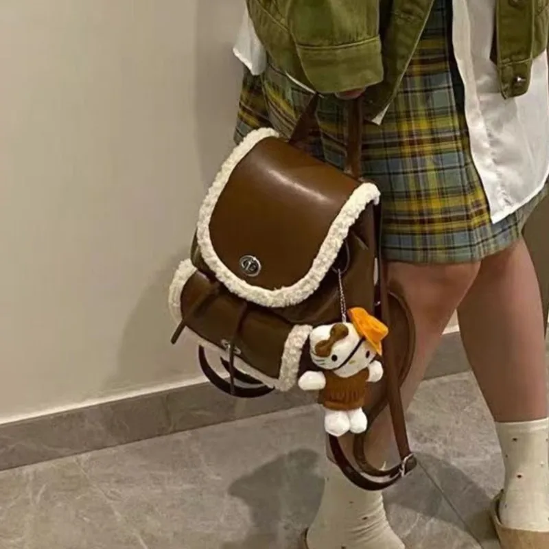 Retro Plush Soft Leather Backpack Plaid Preppy Style Large Capacity Daypack Ladies Commuter Woolen Patchwork Mochilas Mujer 2025 view 5