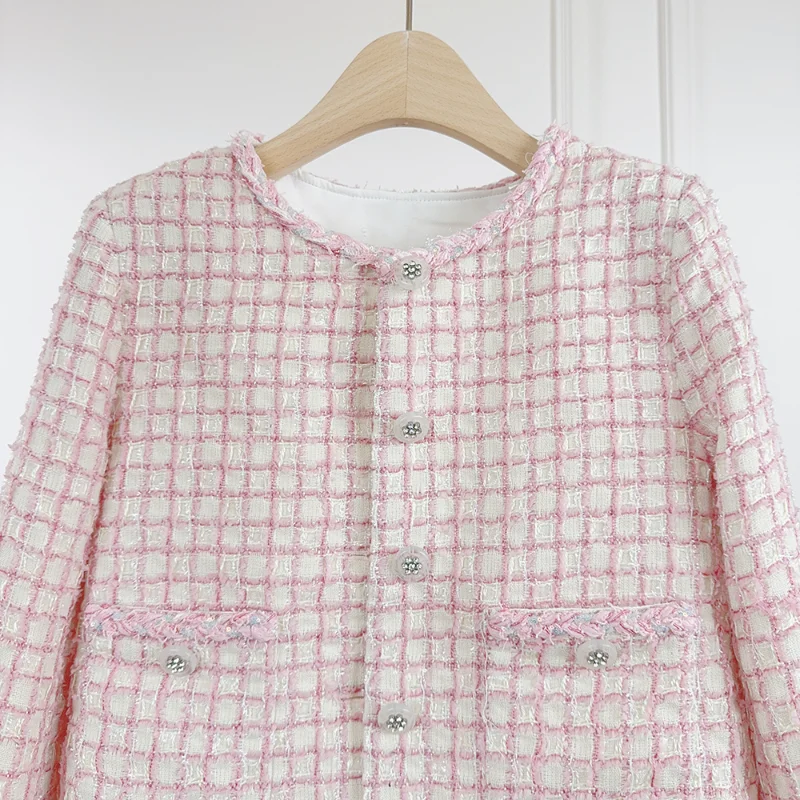 

Women New Small Fragrance Pink Plaid Tweed Coat Round Neck Drill Button Sweet French Burr Short Coat Female Autumn Winter