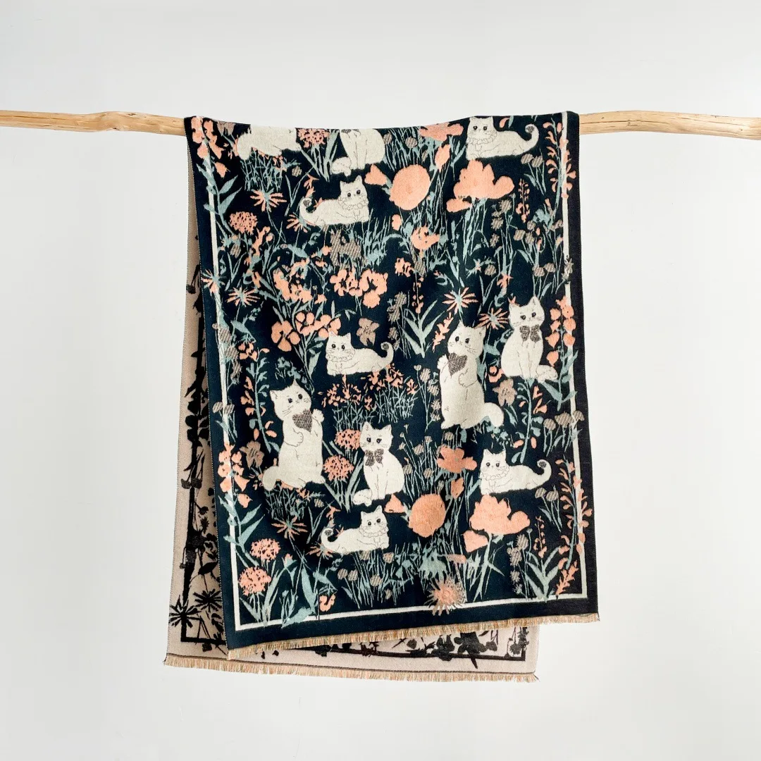 

2025 New Winter Warm Cartoon Cat Scarf Reversible Cashmere Pashmina Shawl Scarves Women Thick Travel Blanket Stole