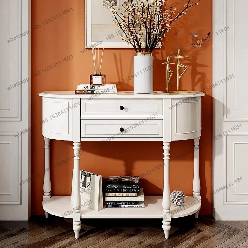 

American porch table full solid wood cabinet European style with drawer entry door white cream wind semicircular living room sid