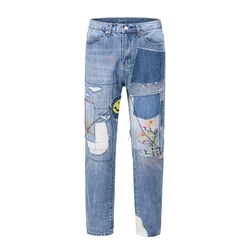 High Street Floral Embroidery Patchwork Ripped Blue Jeans Pants for Male Retro Straight Casual Denim Trousers Oversized Jean