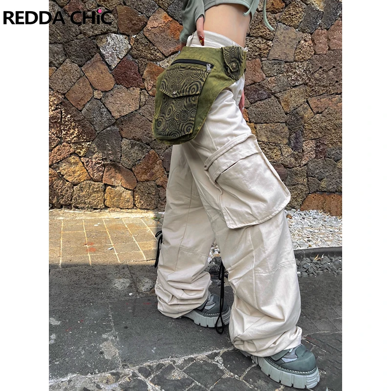 ReddaChic Function Pockets Cargo Pants Women Grayu Y2k Ruched Drawstring Bandage High Waist Solid Wide Leg Sweatpants Workwear