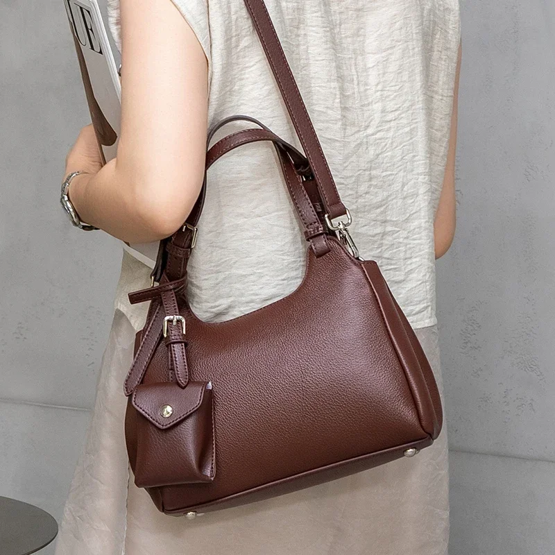 Genuine Cowhide Leather Hobo Shoulder Bag Set for Women Pebbled Leather Crossbody Bag with Mini Pouch Charm Underarm Bags