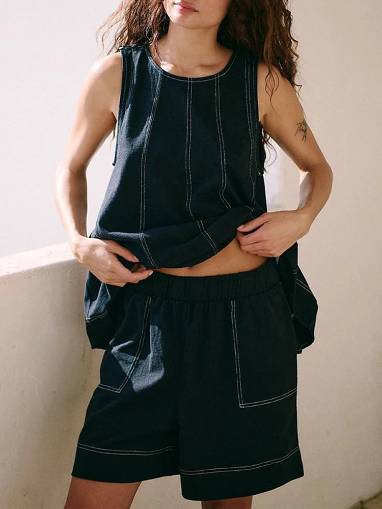 

Women Denim Tops Shorts Jeans Pants 2 Piece Sets Round Neck Sleeveless Baggy Top Shorts with Packets Suits Casual Streetwear