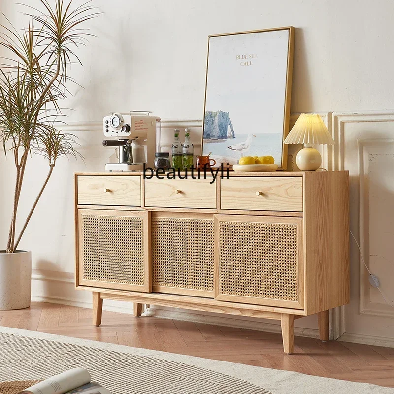 45 Nordic Rattan Sideboard Cabinet Living Room Solid Wood Locker Wall-Mounted Drawer Storage Cabinet