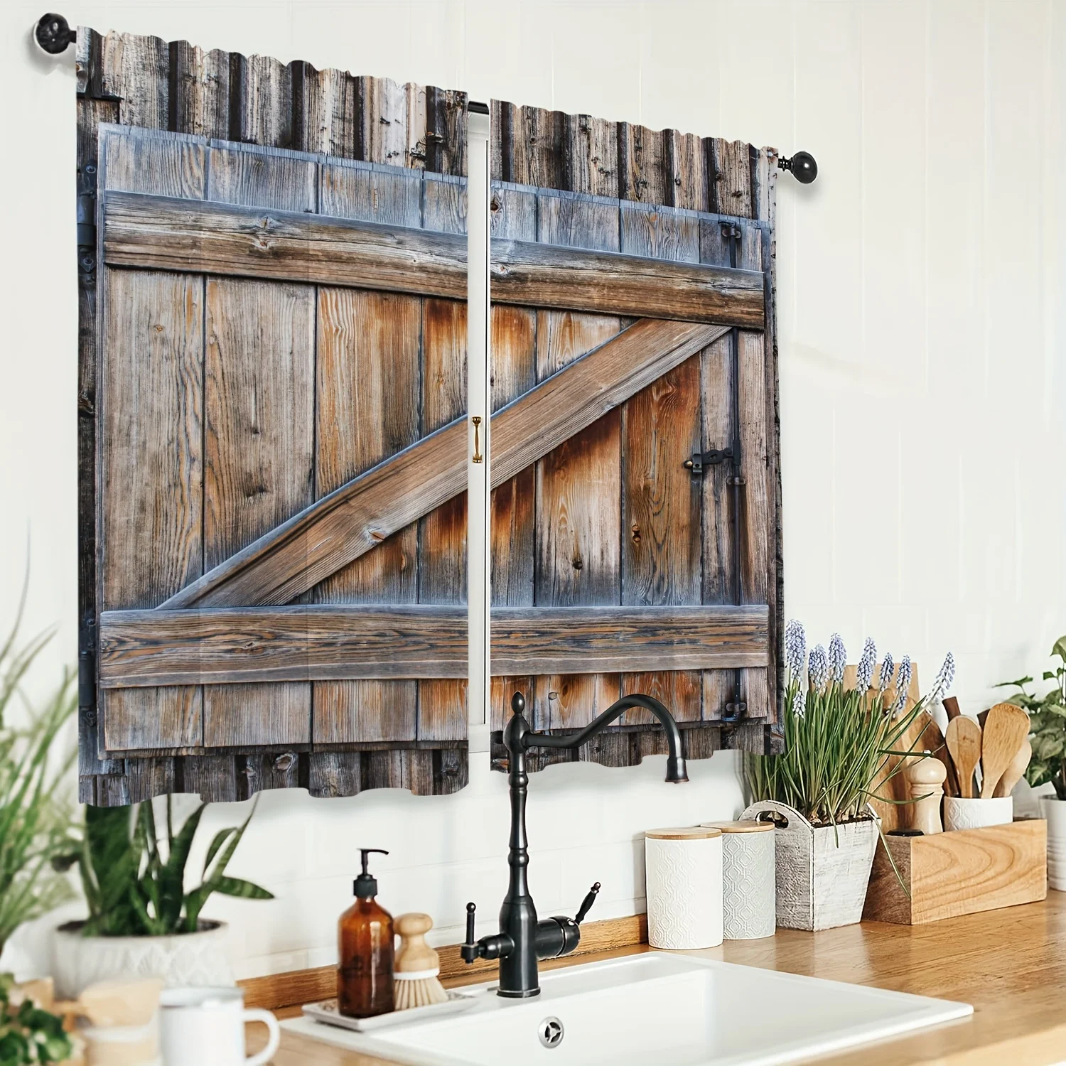 2pcs Rustic Wood Door Barn Print Home Room Bedroom Kitchen Curtain Wood Grain Print Office Bedroom Bathroom Shade Cloth