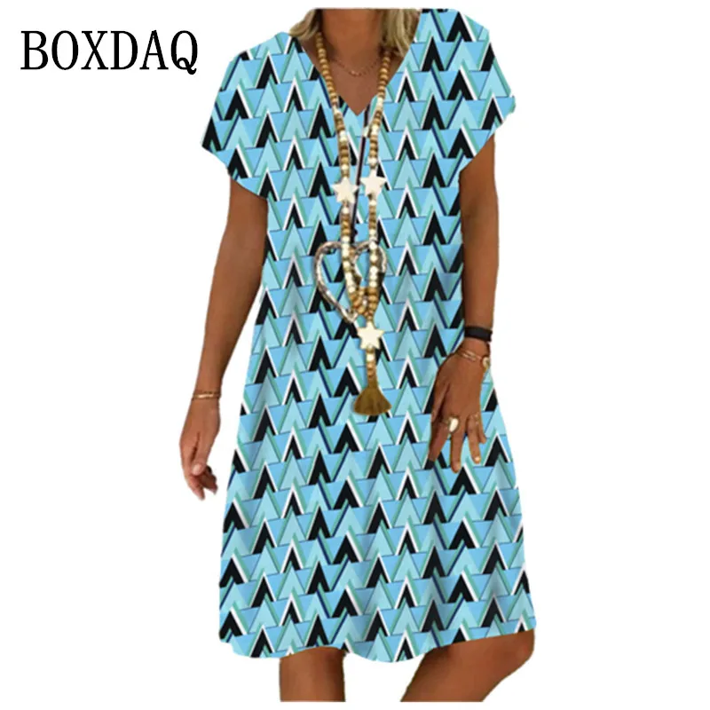 Geometry Graphic Printed Dress For Women 2023 Summer Vintage Short Sleeve Loose Clothing Fashion Oversized Casual Dress Vestidos