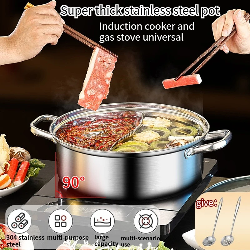 

Горячая кастрюля из нержавеющей стали 304 с одинарным/двойным вкусом и крышкой, совместимая с газовой плитой для индукционной плиты, используется для собраний, кемпинга