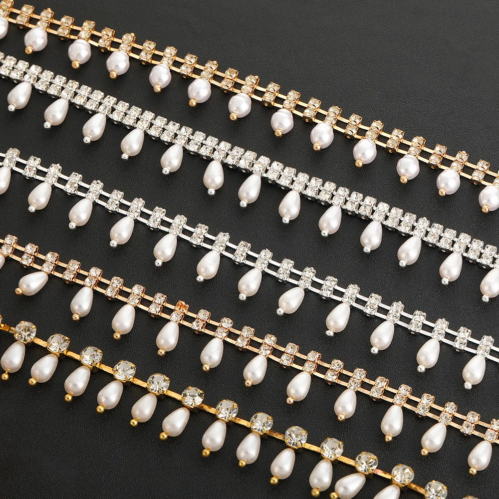 

Pearl Rhinestone Trim Inlaid Pearl Beaded Chain Crystal Applique Ideal for DIY and Wedding Party Decoration Bridal Embellishment