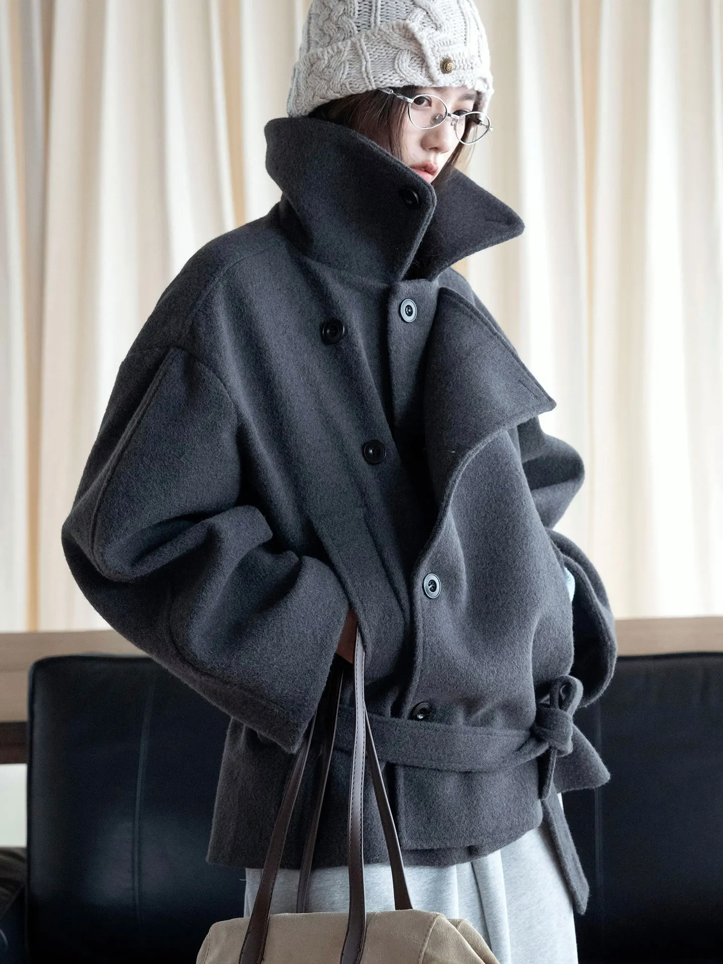 Winter Korean collar single-sided woolen coat with belt, double-layer placket, warm and fashionable jacket for women
